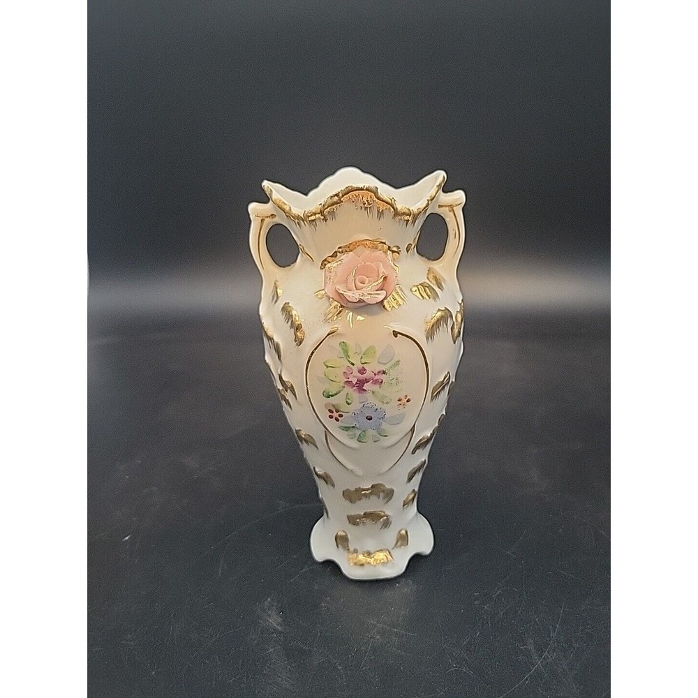 Vtg Victorian Style 6" Gold And White Floral Vase, Royal Japan Hand Painted Rose